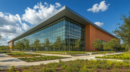 Obraz premium This building features a contemporary design with a glass exterior and landscaped surroundings, set against a bright, partially cloudy sky