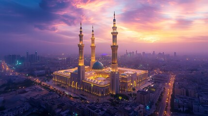 Fototapeta premium A grand mosque amidst city lights with a glowing evening sky backdrop