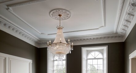 High ceilings with ornate crown molding and crystal chandeliers