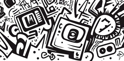 A collection of abstract, hand-drawn geometric patterns with a simple and minimalistic style, forming seamless textures. Featuring polka dots, stripes, waves, and random symbols. This is a modern