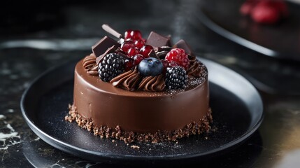 Delicious Chocolate Cake Topped With Berries And Chocolate Shavings