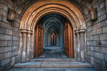Fototapeta premium A long hallway with arched doors leading into a building, suitable for corporate or educational settings
