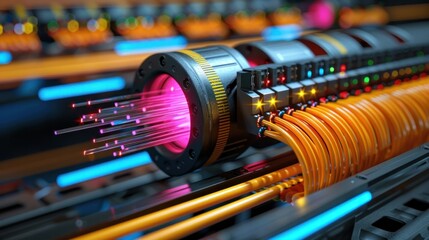 Vibrant and futuristic fiber optic cables arranged in a captivating display showcasing the intricate technology behind modern digital communication and connectivity