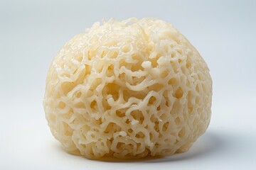 A shot of a single serving of cooked noodles on a clean white surface, ideal for food and culinary uses
