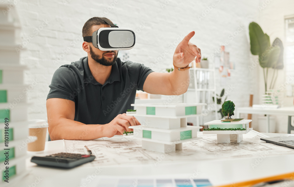 Poster businessman, architect and vr headset in office for building design, architecture game and ai constr
