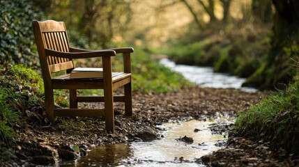 Fototapeta premium Peaceful reading spot by a babbling brook serene countryside nature photography tranquil environment close-up viewpoint relaxation concept for mindfulness