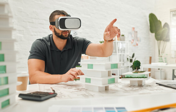 Businessman, architect and vr headset in office for building design, architecture game and ai construction. Worker, 3D simulation and planning for property metaverse, review renovation and innovation