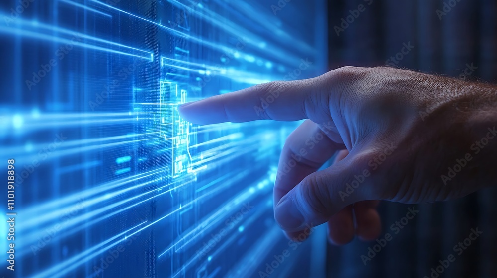 Poster futuristic business concept of user interacting with advanced digital interface in a modern workspac