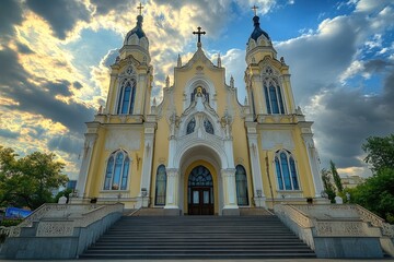 Fototapeta premium A large yellow church with a distinctive steeple on the front facade, suitable for use in scenes about faith, community, or architecture