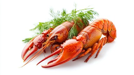 Boiled crayfish with dill isolated on white background