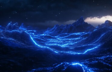 Fototapeta premium Glowing digital seascape with luminous waves under a dark sky during twilight