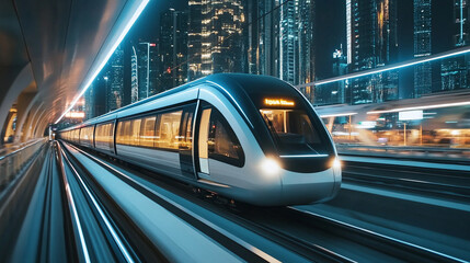 A modern train traveling through a futuristic cityscape