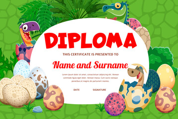 Kids diploma with funny baby dino in egg shells and prehistoric jungle palm trees. Vector certificate, diploma or winner award, kids education prize with cartoon cute little dinosaurs in color eggs