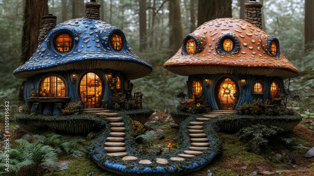 Poster two colorful mushroom-shaped houses with glowing windows sit in a dense forest, creating an enchanti