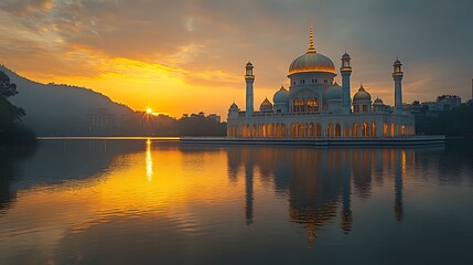 A grand mosque with golden reflections in a nearby lake at sunrise