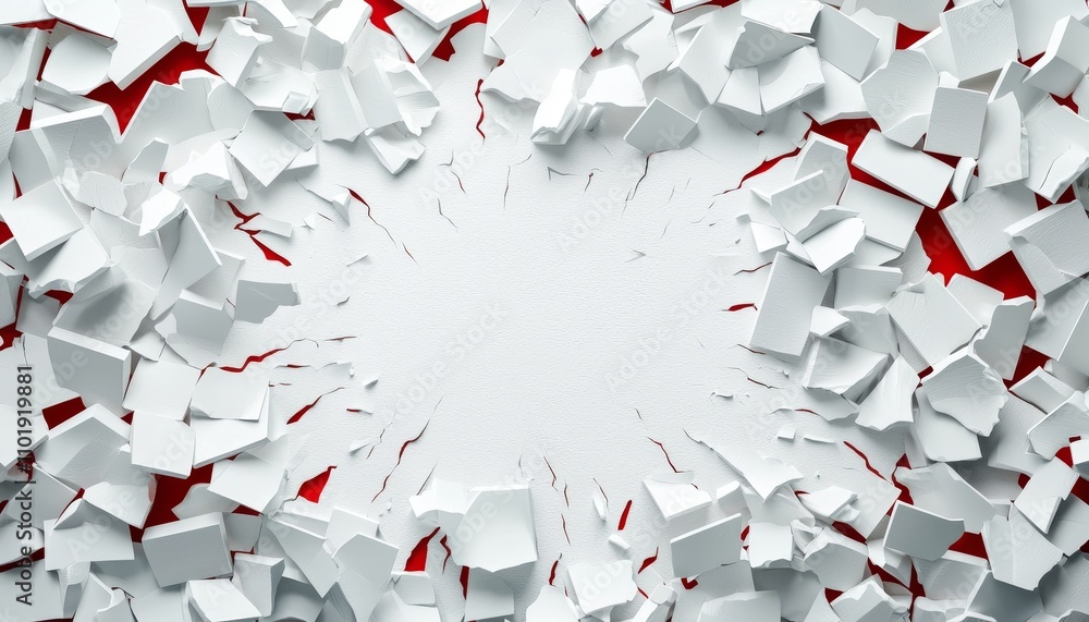 Poster a circular pattern of shattered white fragments surrounds a central blank space, contrasting against