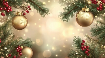 Obraz premium Elegant Christmas Frame with Golden Baubles and Pine Branches
