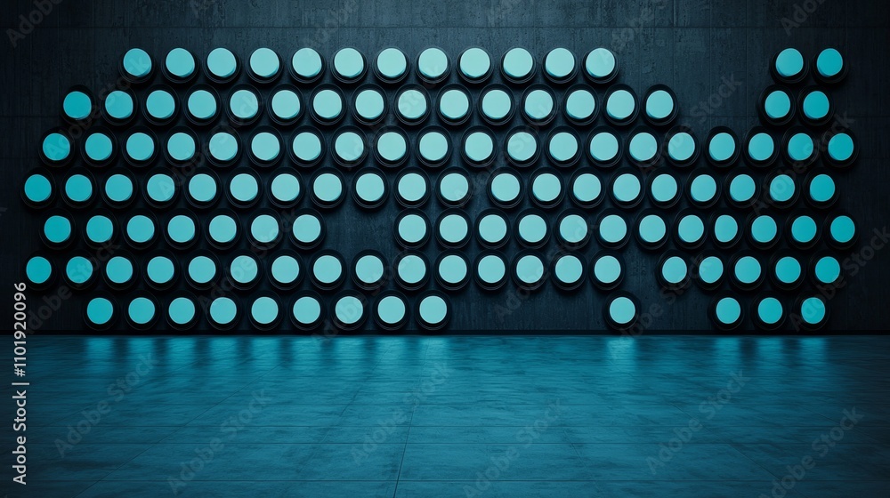 Poster a visually striking wall display featuring circular lights arranged in a pattern, illuminated in blu