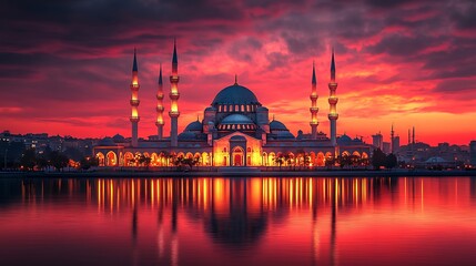 Naklejka premium A grand mosque illuminated against a bold red and orange evening sky