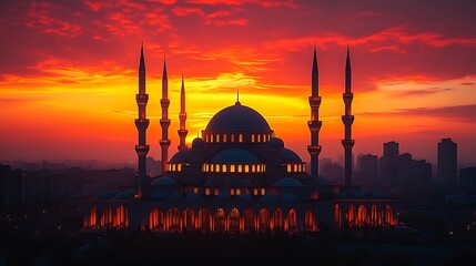 Obraz premium A grand mosque illuminated against a bold red and orange evening sky