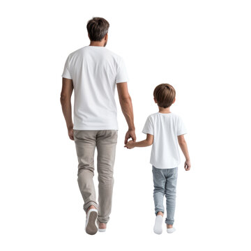 father and son walking back view isolated on transparent background cutout