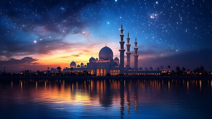 Obraz premium A grand mosque under a deep blue twilight sky with bright shining stars