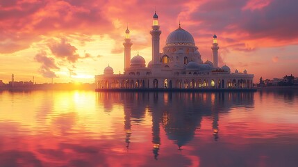 A grand mosque reflected in water with a vivid pink and orange horizon