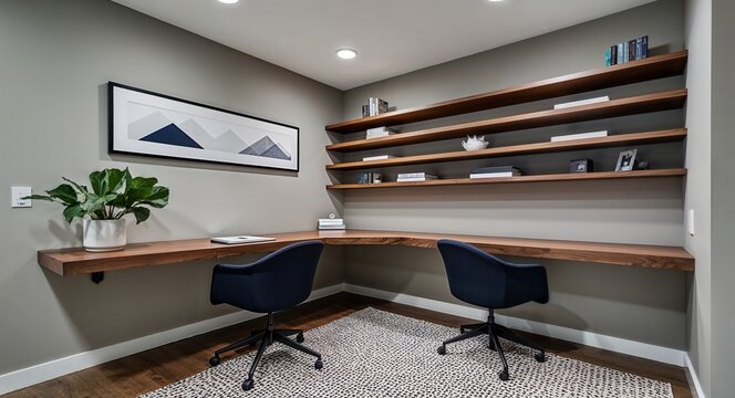 Minimalist home offices with custom wall mounted desks and floating shelves