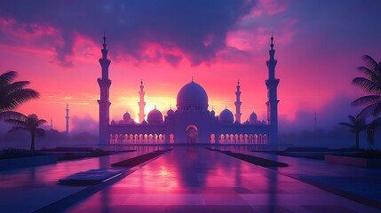 Naklejka premium A grand mosque with a modern design beneath a colorful dawn horizon