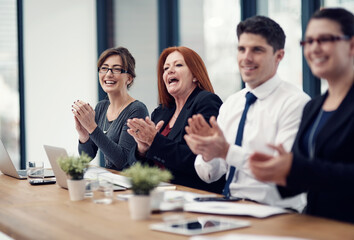 Business people, applause and success at meeting in boardroom for goals, happy and profit at agency. Woman, group and excited with cheers, celebration or achievement in office at insurance company