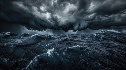 Obraz premium Dark clouds gather over the open ocean during a storm, ideal for weather or travel images