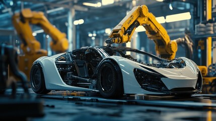 Fototapeta premium Robot Arm Assembling a Futuristic Car