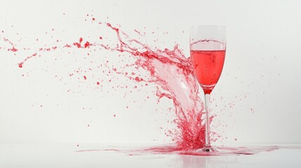 Fototapeta premium Sparkling red wine creating a dramatic splash in a tall flute, with vibrant liquid motion, on a crisp white backdrop