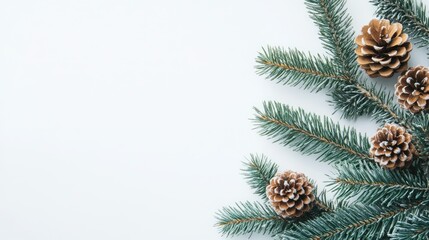 A decorative pine branch, complete with pinecones and needles, set against a white backdrop.