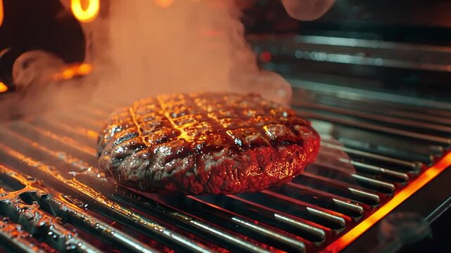 A thick beef burger sizzles on a hot grill, releasing aromatic smoke into the air. The backyard is warmly lit, showcasing a perfect summer evening atmosphere.