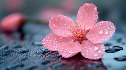 Fototapeta premium Pink flower with dew drops on dark surface.