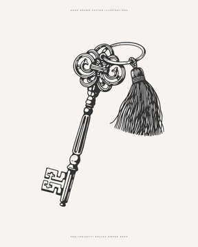 A vintage-style black-and-white illustration of an ornate antique key with a tassel.