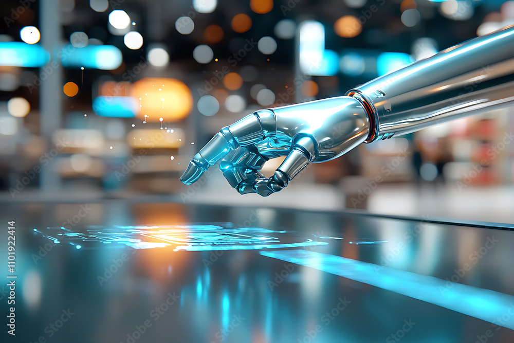 Poster ai-powered virtual checkout interface tech lab holographic interaction urban environment close-up en