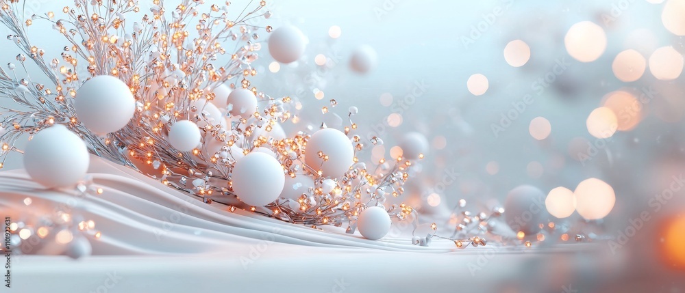 Poster a serene abstract composition featuring floating spheres and subtle sparkles, creating a dreamy, eth
