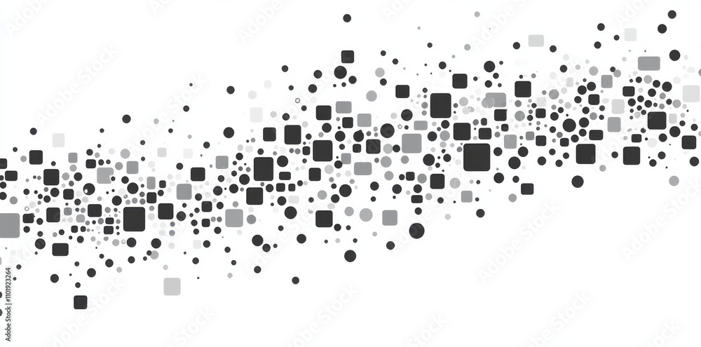 Poster a random color dot pattern with an abstract geometric design of squares in the background.