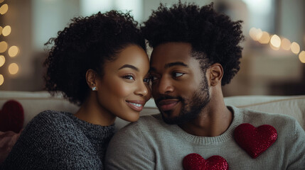 A couple shares a joyful and intimate moment on a comfortable couch, surrounded by festive decorations and warm lighting, radiating love and happiness