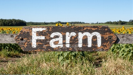 Weathered Farm sign on wooden fence near sunflower field under blue sky