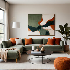 minimalist, loft interior design of modern elegant living room with sofa, burnt orange accents, abstract artwork, and cozy textiles