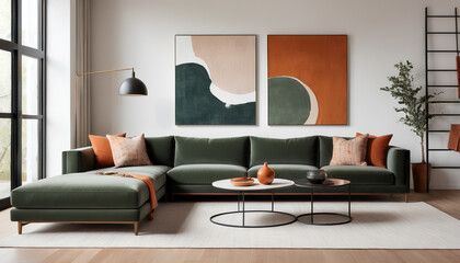 minimalist, loft interior design of modern elegant living room with sofa, burnt orange accents, abstract artwork, and cozy textiles
