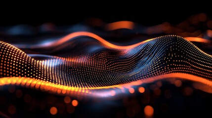 Fototapeta premium A vibrant digital landscape featuring flowing waves of light and dots in orange and blue hues, creating a dynamic and futuristic aesthetic.