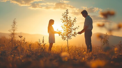 Committed Couple Planting Tree Together at Sunset in Serene Outdoor Field