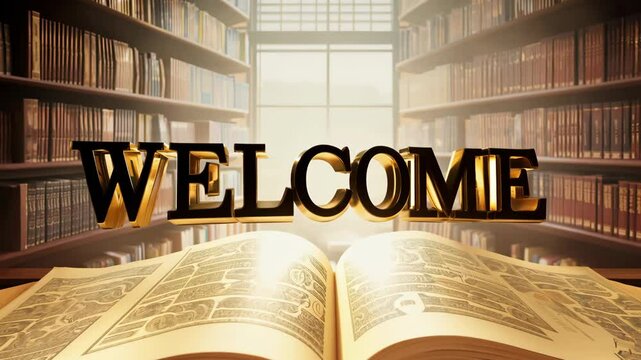 A book is open to a page with the word "welcome" written in gold letters. The book is on a table