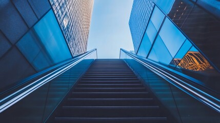 Modern escalator entering futuristic building with blue glass facade