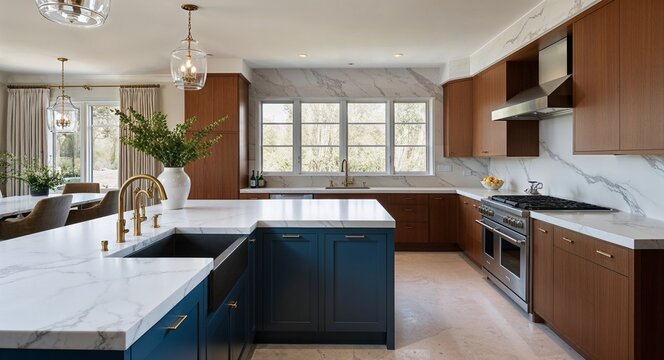 Smooth marble or quartz countertops in kitchens and bathrooms