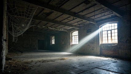 a lone spotlight casting a beam of light onto a dark and abandoned room with cobwebs and dust visible in the corners, , dust, isolated spot, spotlight, dimly lit